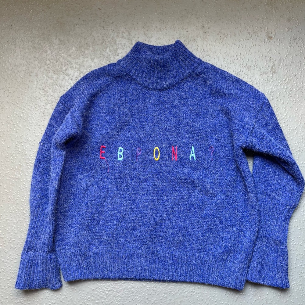 Cozy Knit Sweater Mock Neck Pullover Colorful Letters Blue Casual - Picture 2 of 5